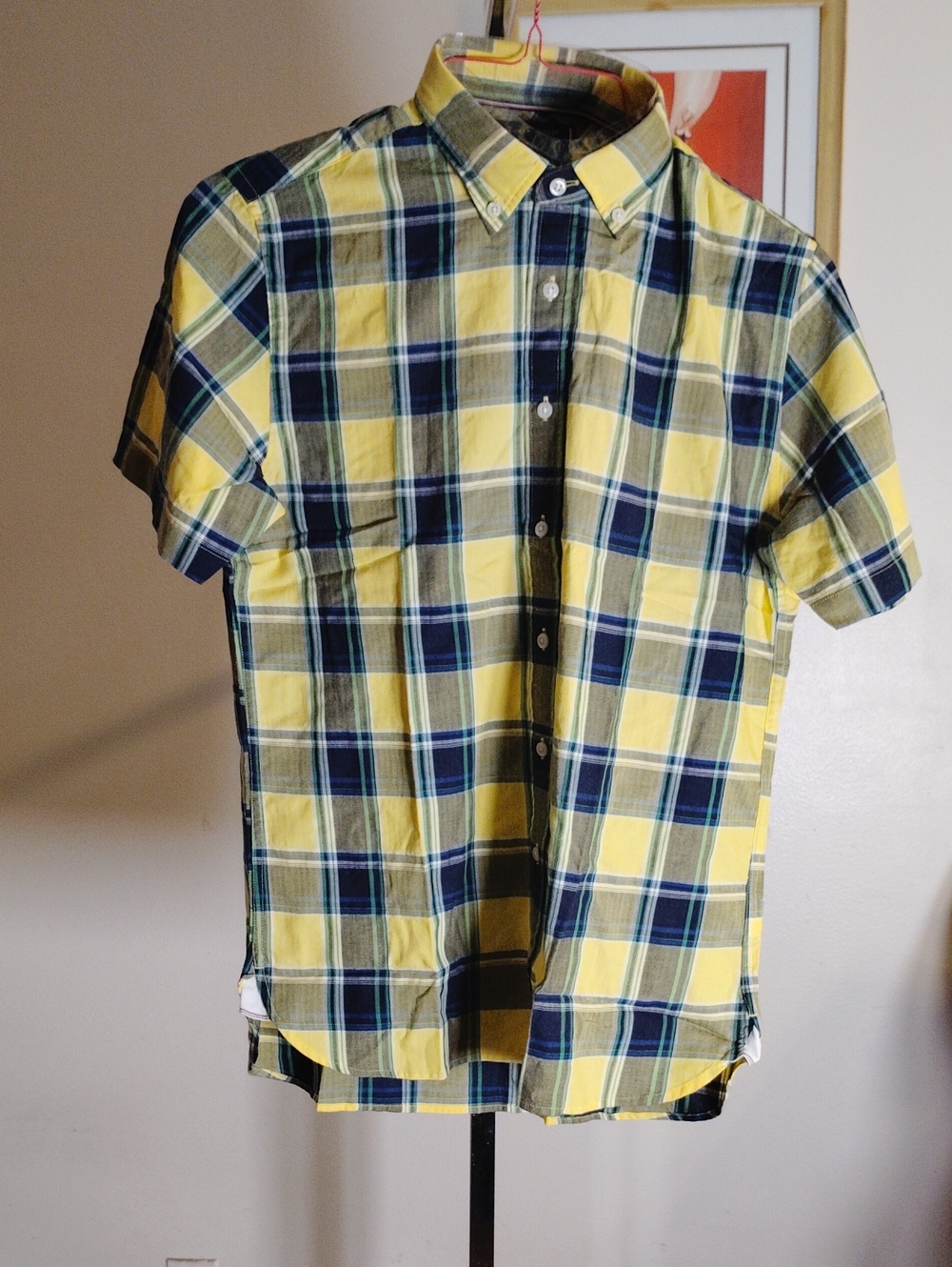 Tommy Hilfiger Yellow and Navy Plaid Short-Sleeve Button-Down Shirt